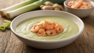 découvrez notre recette simple et savoureuse de velouté de poireaux accompagné de crevettes sautées au gingembre, idéale pour un repas léger et parfumé.